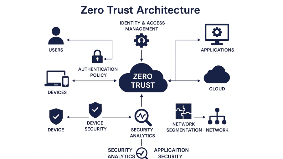 Zero Trust Architecture diagram showing users, devices, identity and access management, security analytics, and network segmentation