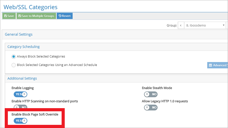 The Enable Block Page Soft Override switch