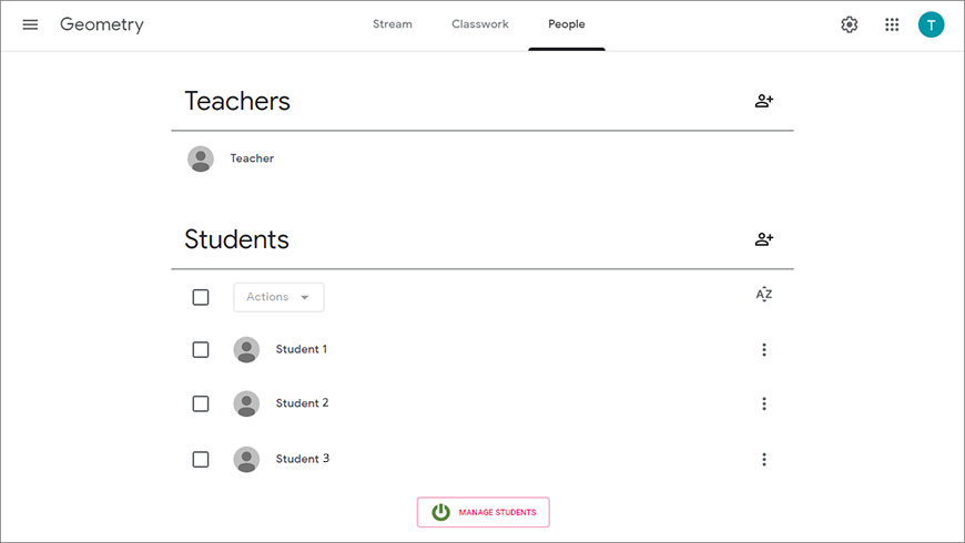 The Student Management button from a Google Classroom