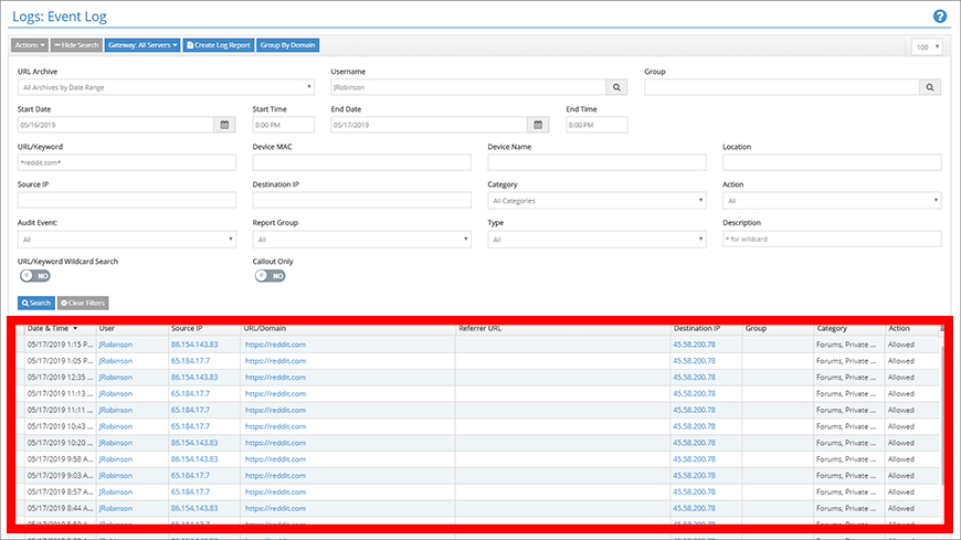 Reviewing access details in the Event Log