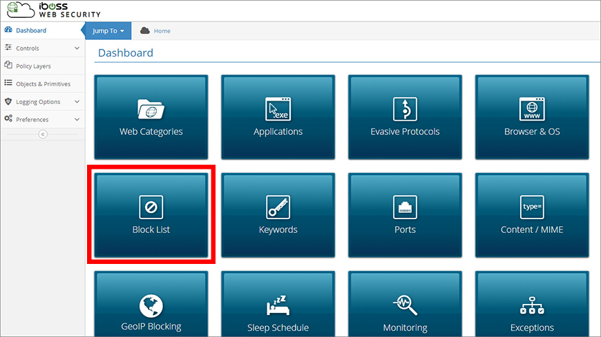 The Block List tile is typically found in the Web Security section