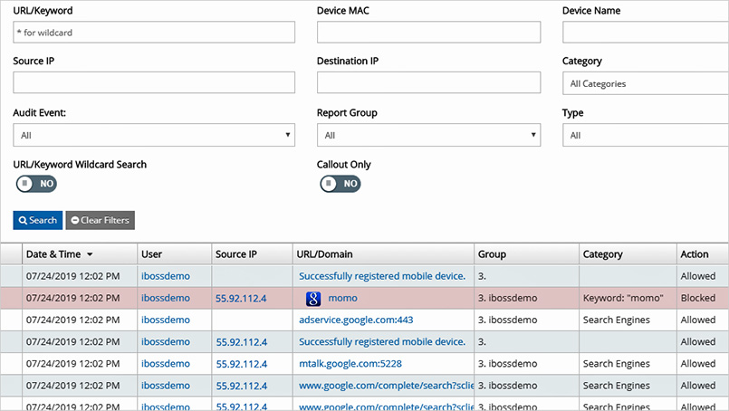 Figure 5 - The Event Log showing a block event for the keyword search