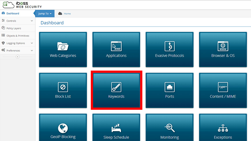 Figure 1 - The iboss home page with the Keywords tile emphasized