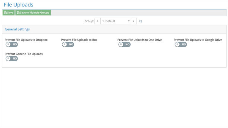 Figure 1 - The File Uploads section with several Prevent File Uploads controls