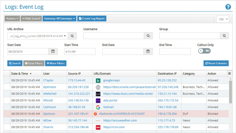 Event log with a sample of data