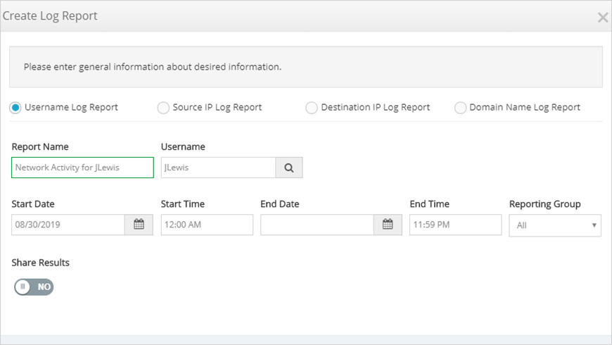 Figure 2 - The Create Log Report page, already populated with the same search terms