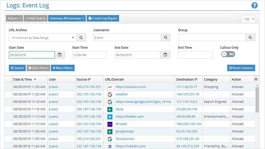 Figure 1 - The Event Log with a list of events for the user "JLewis"