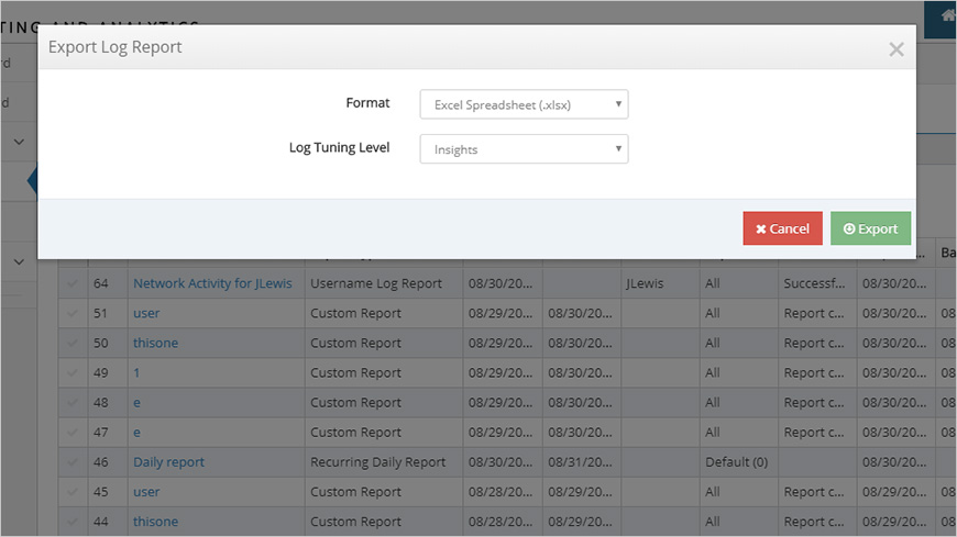 Figure 4 - Exporting the log as an Excel spreadsheet