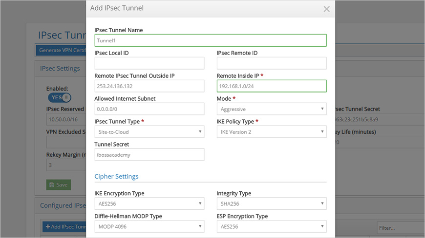 Figure 5 - The Add IPsec Tunnel window, with a variety of cipher settings available