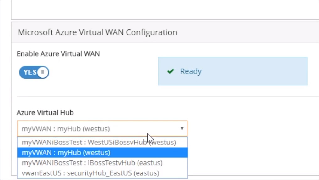Enabling Azure Virtual Wan support and selecting an Azure Virtual Hub