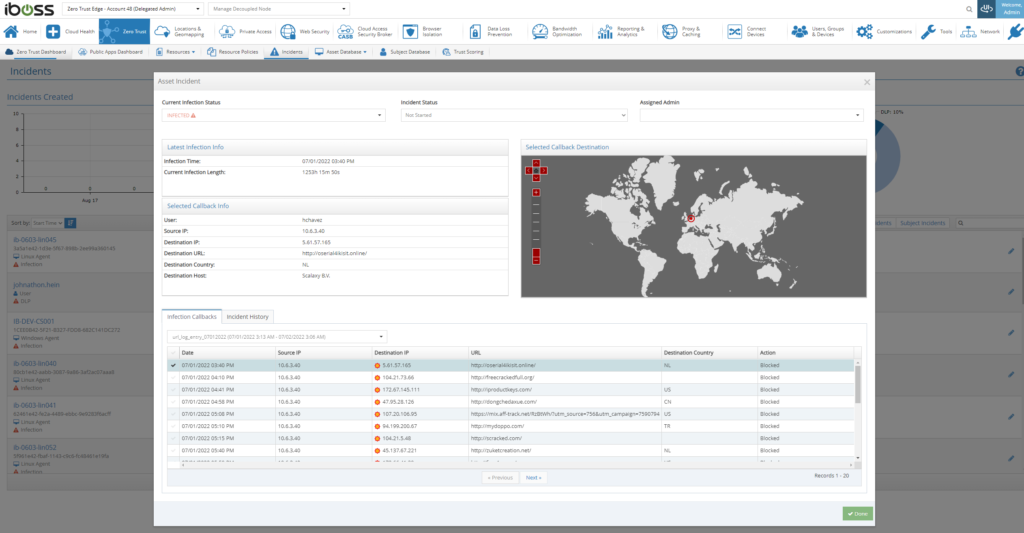 Incident dashboards tracks incidents related to infections and data loss