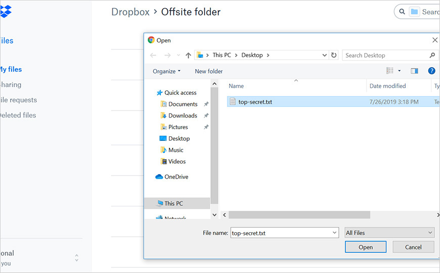 Figure 2 - A user attempts to upload a file to a personal Dropbox account